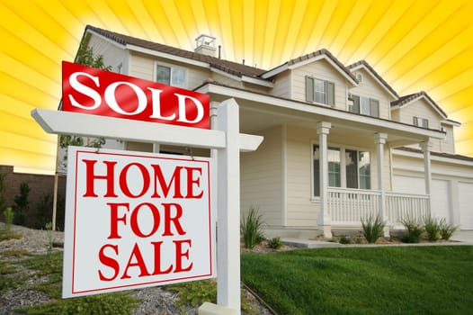 Sold Home For Sale sign & Beautiful New House on Star-burst Yellow Background.