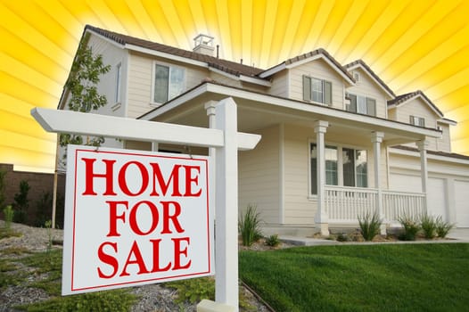 Home For Sale sign & Beautiful New House on Star-burst Yellow Background.