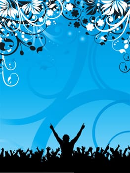 Silhouette of an excited crowd on a floral background