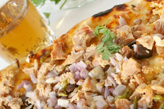 Pizza with tuna fish & apple juice