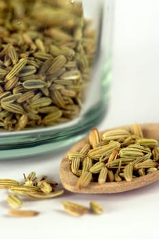 Fennel seeds in a wooden spoon and in a glass jar.  Very shallow depth of field image with the focus on the middle seeds in the spoon.