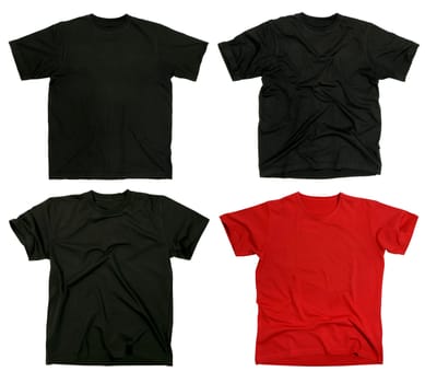 Photograph of four blank t-shirts, new and old, wrinkled and flat. Ready for your logo or design.