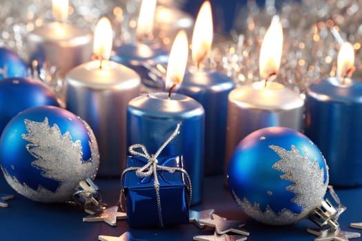 Christmas decoration in blue and silver tones