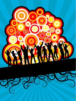 Silhouettes of people dancing on retro styled background