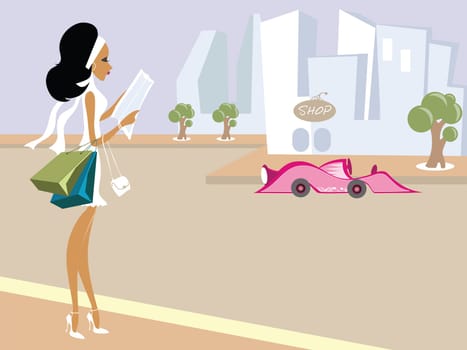 Mss Boo reading a newspaper on the street