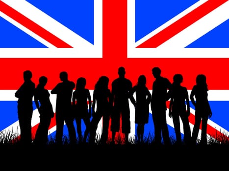 Silhouettes of young people on Union Jack flag background