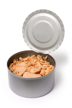 An open tin of pink tuna fish.