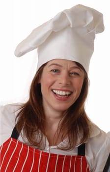 smiling pretty female chef, isolated on white