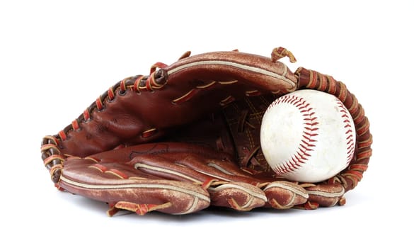 Baseball glove and ball on a white background