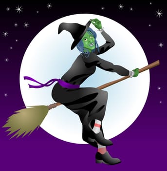 An illustration of a scary Halloween with riding her broomstick