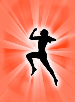 Human body expression jumping against a sun-burst background