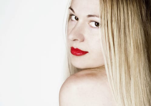 Beautiful sensual woman. White background.