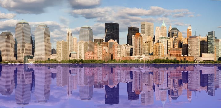 An image of lower Manhattan with a reflection in the Hudson River area.