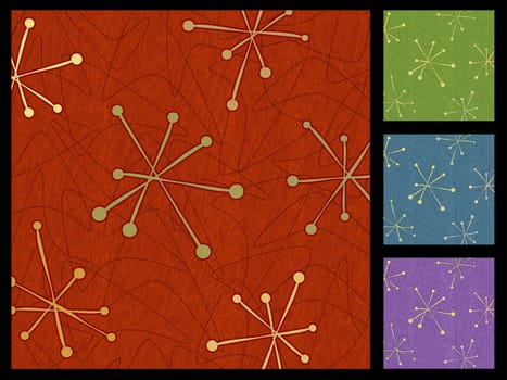 Retro Boomerangs Stars Background in 4 color sets. Each item is whole and grouped so you can use them independently from the background. Layered file for easy edit.