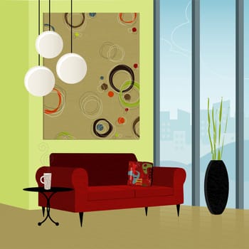 Modern living room  colorful and stylized. Each item is grouped so you can use them independently from the background. Easy-edit layered file.