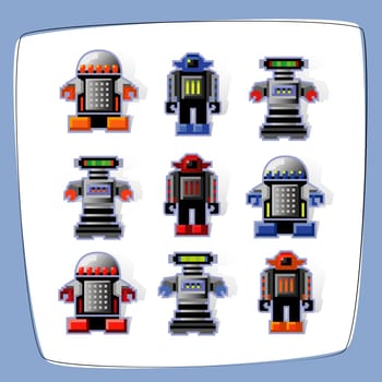 Colorful, pixel art robot icons with cast shadow. Easy-edit vector file.