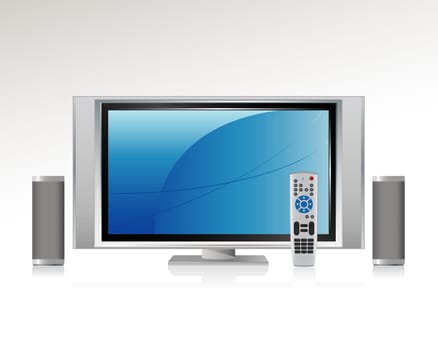 Home Theater Components: Television, Remote Control and Speakers with reflection. All components on separate layer--grouped so you can use them independently.