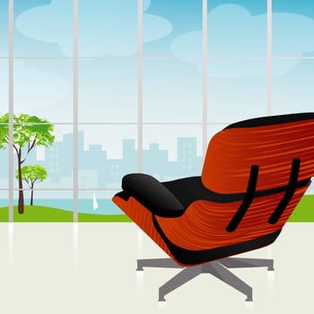 Retro-modern lounge chair with beautiful view of the city and park. Each item is grouped and whole so you can use them independently.