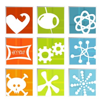 Retro-stylized colorful set of fun icons in beveled frame  symbols kept whole so you can move them around, Easy-edit layered file