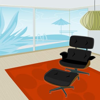 Retro-stylized modern lounge chair with view of swimming pool. Each item is grouped so you can use them independently from the background. Layered file for easy edit.