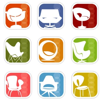 Stylish chair icons with a retro flavorvery mid-century modern  Easy-edit layered vector art. All elements whole so you can move them around.