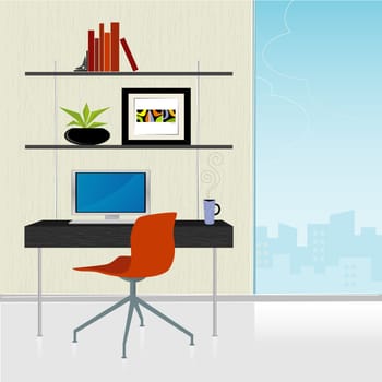 Modern home officered deskchair with desk and city view  colorful, stylized. Elements grouped so you can use them independently from background. Easy-edit layered file.