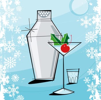 Retro-stylized Holiday Martini with grunge snowflake frame. Each item is grouped so you can use them independently from the background. Layered file for easy edit