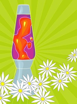 Retro-stylized lamp with white daisies on a radiating line background. Each item is whole and grouped so you can use them independently from the background. Layered file for easy edit.