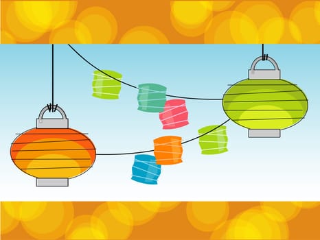 Retro Summer Paper lanterns and Party Lights with a cool background.     Also available as a vector with objects grouped so you can use them independently from background. Layered file for easy edit.