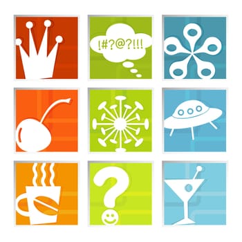 Retro-stylized colorful set of fun icons in beveled frame  symbols kept whole so you can move them around, Easy-edit layered file