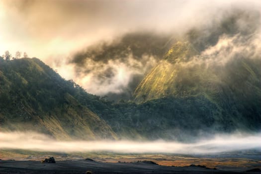 a foggy mountain shot at bromo, indonesia
