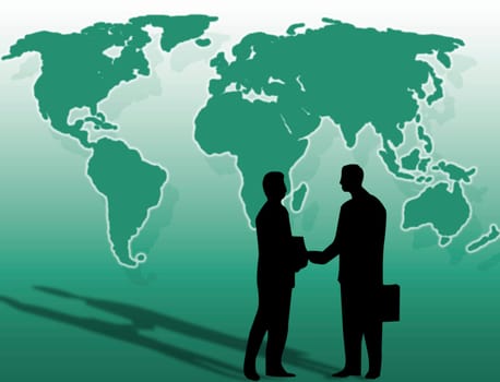 Two businessmen and a handshake in front of the world
