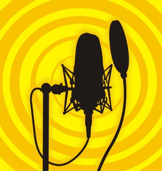 Silhouette of a studio microphone on deep yellow background.  The vector version is a fully editable EPS 8 file, compressed in a zip file. No gradients or transparencies. Can be scaled to any size without loss of quality.
