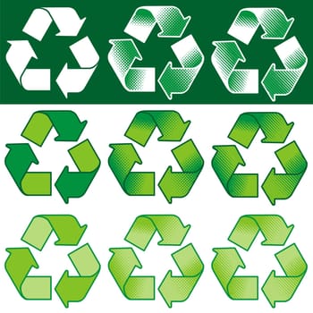 Recycling symbol with assorted coloring and shading options.  The vector version is a fully editable EPS 8 file, compressed in a zip file. No gradients or transparencies. Can be scaled to any size without loss of quality.