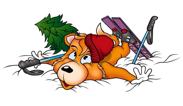 Dog-fox skier - High detailed and coloured illustration