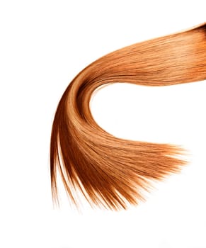 Healthy long strait hair sample. Red dyed hair lock extensions  isolated over white background. Hairstyle salon object with copyspace.