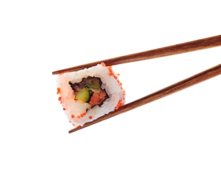 Closeup of traditional japanese sushi roll with salmon and tuna fish on bamboo chop sticks isolated on white background. Sushi bar menu design with copyspace.