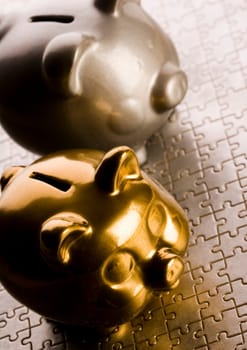 Piggy bank on jigsaws & on the colorfull background