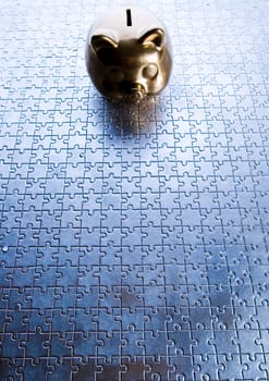 Piggy bank on jigsaws & on the colorfull background
