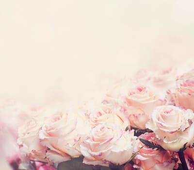 Beautiful pastel roses wedding bouquet design with copyspace. Vintage style valentine flower border greeting card. Artistic floral background banner.
