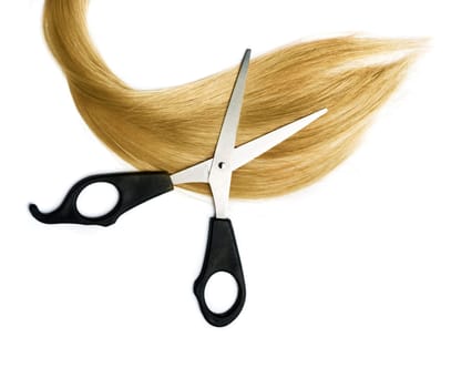 Healthy long blond dyed hair lock extensions cutting with professional hairdresser scissors isolated over white background. Hair wig and hairdressing accessories with copyspace. Hairstyle salon object.