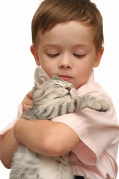 Emotions of the boy which holds on hands of a grey kitten