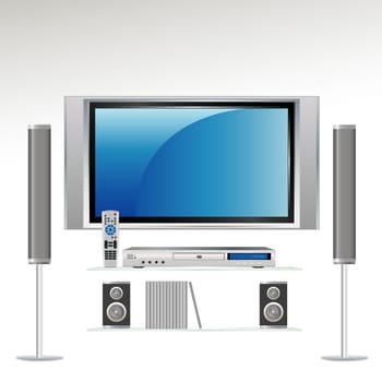 Home Theater Components: Television, DVS Player, Remote Control and Speakers. All components on separate layer--grouped so you can use them independently.