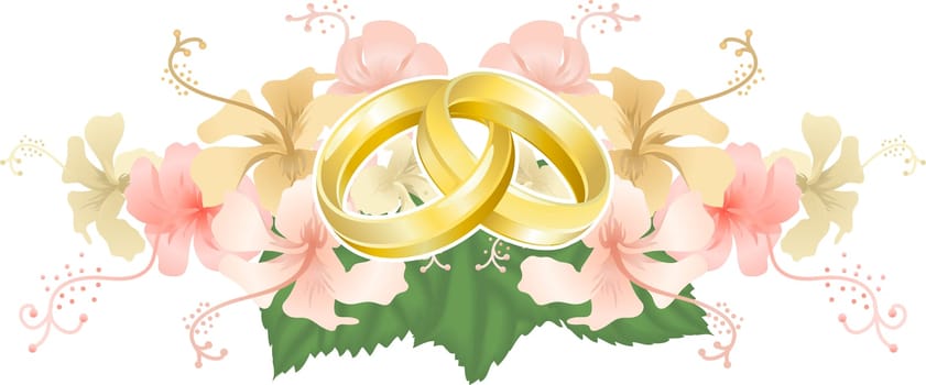 Wedding motif featuring intertwined wedding bands or rings and beautiful hibiscus flowers