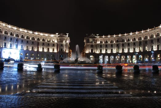 Rainy night shot of the Piazza d'Republika