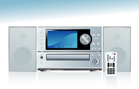 Generic compact stereo system with speakers and remote control  with reflection. Easy-edit layered file.