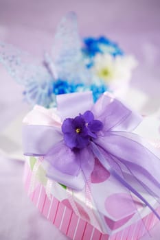 Detail of beautiful gift box in violet