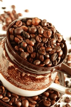 Cup of coffee beans on white