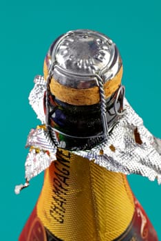 champagne cork and peeled-back foil against green ground  differential focus