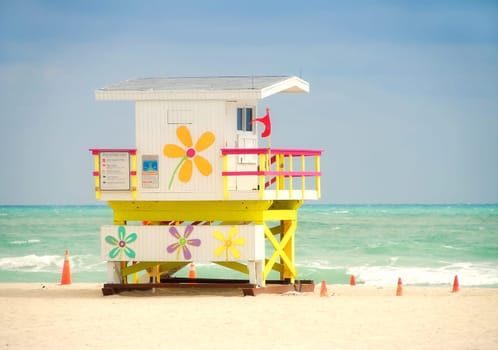 Brightly colored lifeguard tower on miami beach
